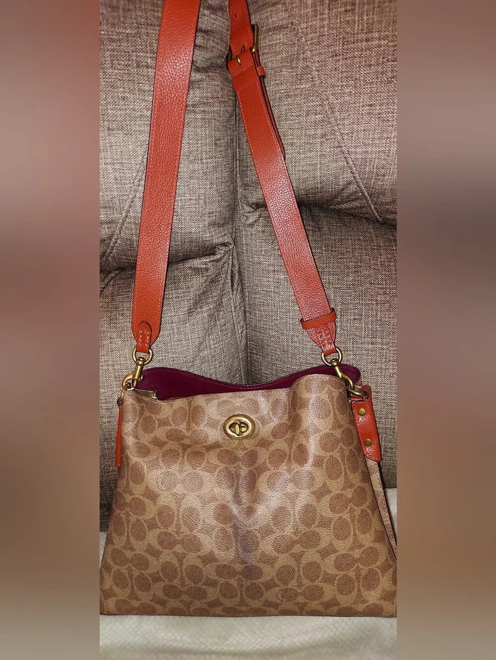 Signature Pattern Shoulder Bag in Brown with Orange Strap